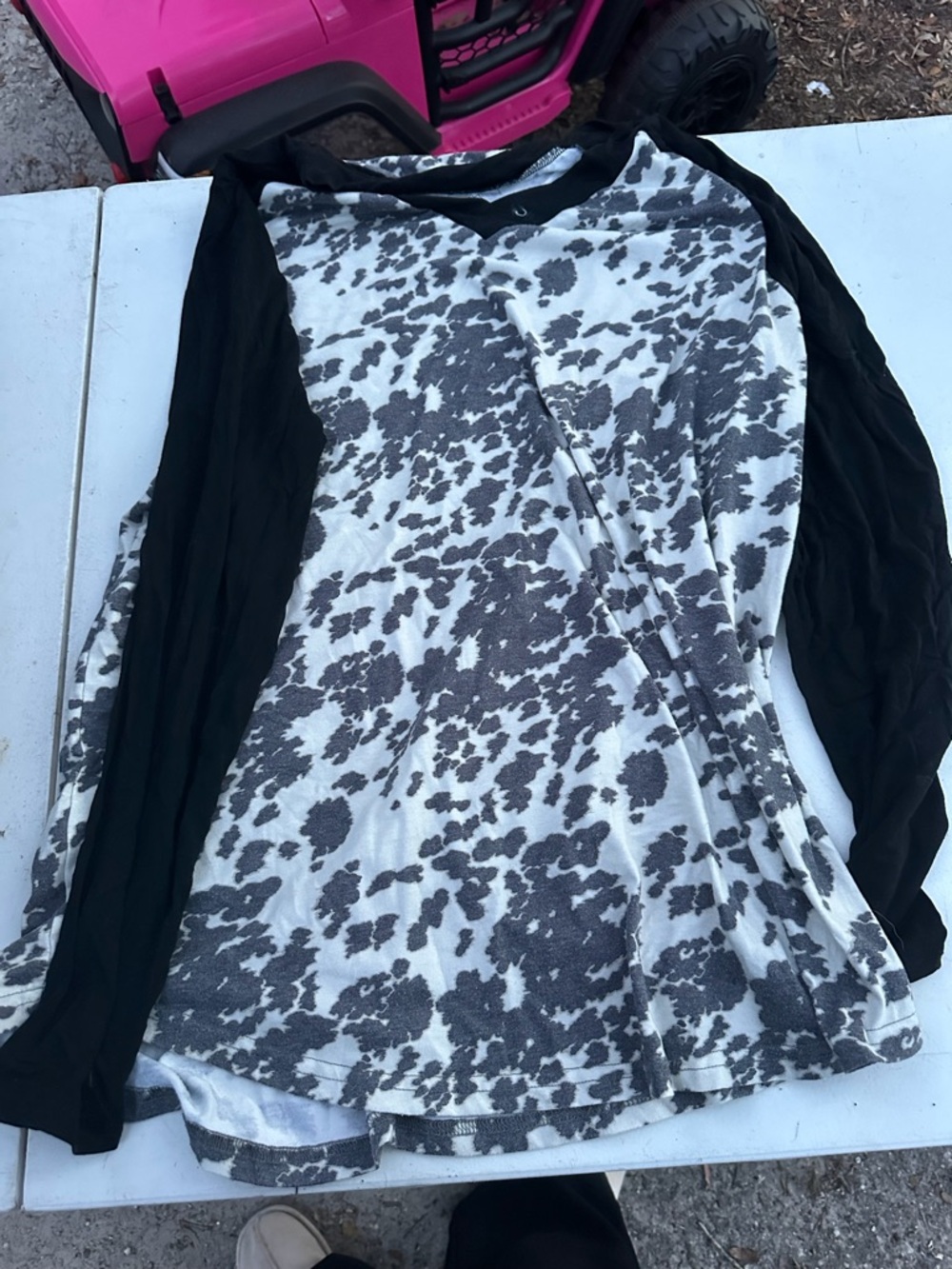 Crazy Train Black Sleeve Long Sleeve Top with White & Gray Spotted Body